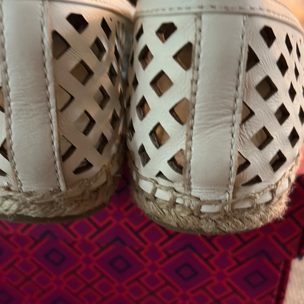 Tory Burch White Cutout Leather Espadrilles with Natural Jute Trim